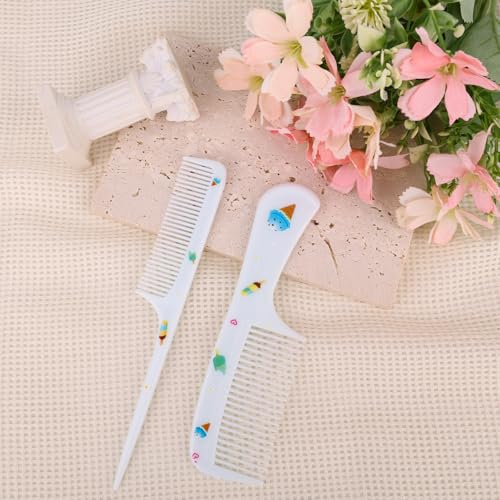 2pcs Baby Hair Comb Set, Blue Ice Cream Mini Fine Tooth & Rat Tail Comb | Cute, Tiny, Small, Plastic, Parting Combs for Toddler Women Girls Kids All Hair Types, Hairbrush Tools Accessories - style: Ice Cream