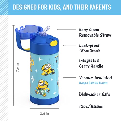 THERMOS FUNTAINER Water Bottle with Straw - 12 Ounce - Kids Stainless Steel Vacuum Insulated Water Bottle with Lid, Minions - color: Minions, size: 12 Ounces