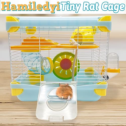 Hamiledyi Portable Hamster Cage 2 Layers Dwarf Hamster Habitat Small Animal Travel Cage with Exercise Wheel Hamster Enclosure Mouse Cage for Hamsters Mice Gerbils or Other Tiny Pets - color: Blue
