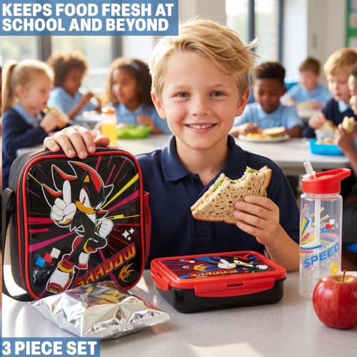 Get Trend Shadow the Hedgehog Boys Lunch Box 3Pc Set | Kids Insulated Lunch Bag with BPA-Free Water Bottle and Bento Box, Back to School Gifts for Boys - color: Black/Red Shadow