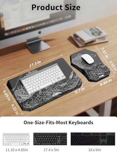 3-in-1 Ergonomic Keyboard Stand with Wrist Rest & Mouse Pad Set, Black Wave | Comfy Keyboard Riser Holder Soft Mousepad with Massage Design, Memory Foam and Non-Slip PU Base for Pain Relief - color: Black Wave
