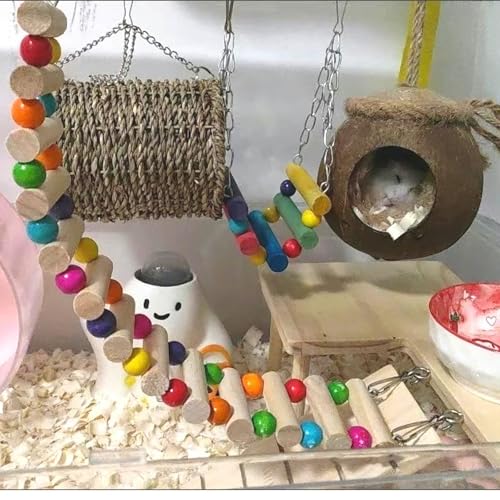 Hamiledyi Hamster Hanging Hammock 3 Piece Wooden Rat Ladder Swing Set Cage Clmbing Toys Accessories for Syrian Hamster Sugar Glider Bird Mice Playing Sleeping