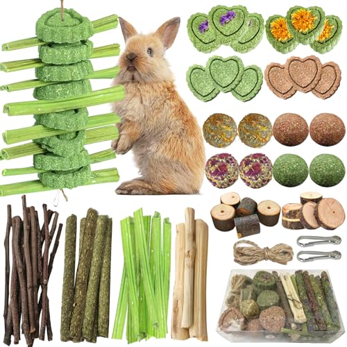 68pcs DIY Rabbit Chew Toys,Rabbit Toy for Bunnies Boredom | Hanging Rodent Dental Toy with Papaya Stems Sweet Bamboo Hamsters, Chinchillas, Guinea Pigs