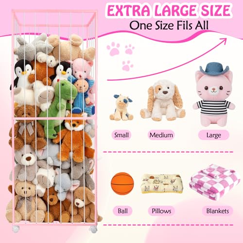 Stuffed Animal Storage, Metal Tube Extra Large Toy Storage Organizer with Brake Wheels, Stuffed Animal Holder Zoo Organizer for Nursery Playroom Kids Room Pink(61” x 23.6”x 16.5”) - color: Pink