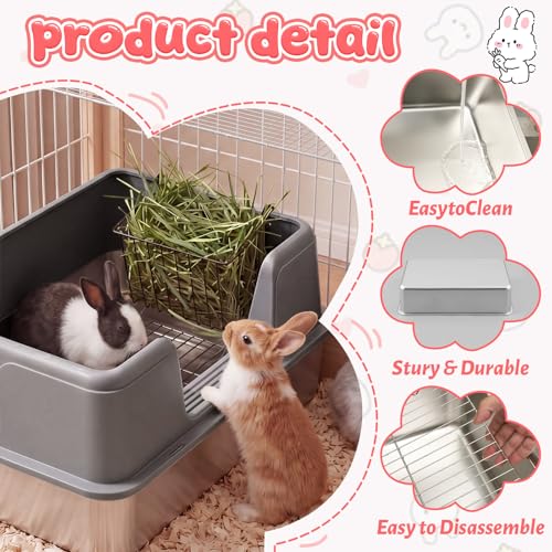 Zonon Extra Large Rabbit Litter Box, 23.6" L x 15.7" W x 12.4" H Stainless Steel Rabbit Litter Box with Lid, Hay Feeder with Hooks, Footed Metal Grid, Easy to Clean for Medium and Large Rabbits