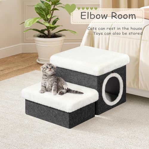 B FSOBEIIALEO Cat House Pet Stairs for Beds Sofa, Foldable Dog Steps 2-Tier With Storage Toy Box, Small Indoor Pet Steps Grey 15.7x12.6x12.6 Inches