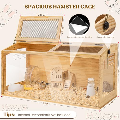 Hamster Cage 32" Chewproof Wooden, 270° View Acrylic Pet Habitat | Panoramic Large Habitat, Bite-Proof Mesh & Top Dual Access Doors, for Syrian/Dwarf Hamsters, Guinea Pigs, Chinchillas - size: 16.0"L x 16.0"W x 32.0"H
