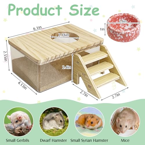 kathson Hamster Sand Bath Box Transparent Acrylic Small Syrian Hamster Shower Bathtub Small Gerbil Digging Sand Container with Climbing Ladder and Ceramic Bowl Cage Accessories for Lemmings Mice
