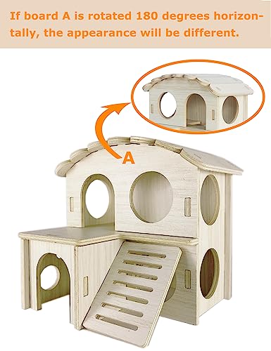 Hamster Hideout Cage Accessories - Hamster House and Habitat Wooden Hide Hut with Climbing Ladder and Platform for Dwarf Gerbils and Mouse Mice Rat Other Small Animals etc.