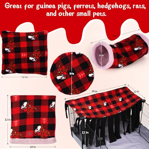 NAPLORD Small Pet Fleece Set,Guinea Pig Snuggle Sack, Tunnel,Fleece Forest Hideout,Square and Round Potty Pads for Guinea Pigs and More - color: Red, size: 5-piece set