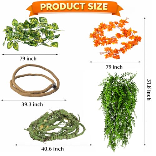 Grddaef Reptile Vines Plants for Terrarium, Flexible Vines Jungle Climbing Branch with Leaves Tank Decor for Snakes Bearded Dragons Geckos Hermit Crabs Lizards Chameleons
