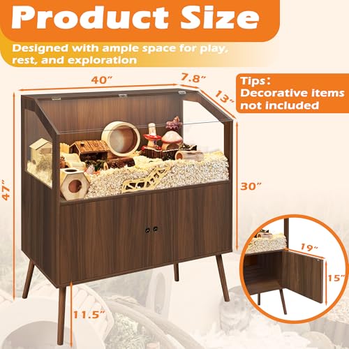 PROLEE Hamster Cage with Storage Cabinet,Large Hamster Encloure Chew Proof Wood,Clear View Hamster Habitat for Guinea Pig, Ferret, Rat, Hedgehog，47“ X 40” X 20“ (Walnut) - color: Walnut