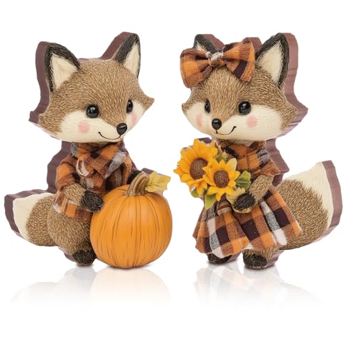 DoubleFill 2 Pcs Fall Fox Figurine Thanksgiving Wooden Fox Figurines Table Decoration for Autumn Thanksgiving Gifts Home Office Centerpiece Decor Party Supplies (Classic Style) - style: Classic
