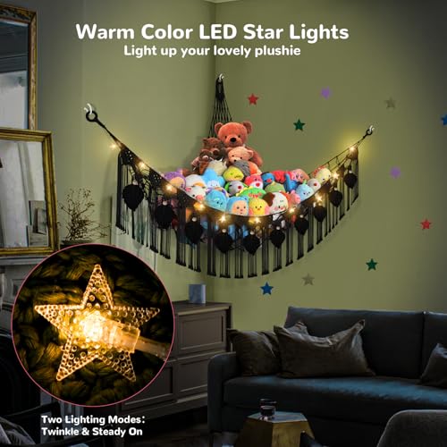 82.7x59x59 Inch Jumbo Stuffed Animal Storage Hammock Corner Toy Net, Black | Macrame Leaf Hanging Stuffed Animal Net Organizer for Stuffy Plush,Toy Hammock Holder w/Star Lights,Nursery Room Decor Gift - color: Black, size: XXX-Large Leaf Style