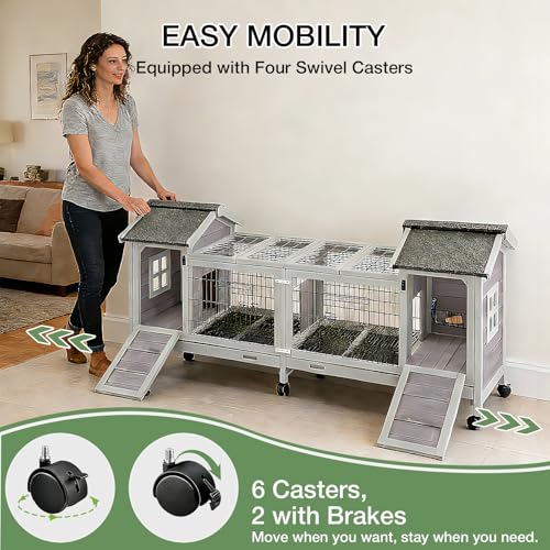 Rabbit Hutch Indoor Outdoor, Large Bunny Cage with Double House and Run, 10.4 ft² Guinea Pig House, Upgrade Deeper No-Leak Trays, On Wheels for Easy Moving - color: （Grey-AIR68)