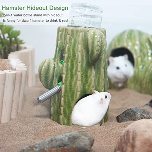 Adjustable No Drip Ceramic Hamster Water Bottle for Glass Tank | Green Cactus 2-In-1 80ML Free Standing Water Dispenser with Stable Hamster Hideout , Great for Dwarf Hamster, Mice, Rat