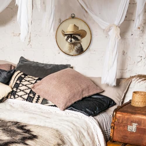 shiviody Vintage Cowboy Canvas Wall Art Decor, Retro Western Raccoon Wall Decor, Funny Animal Cowboy Hat Round Hanging Frame Prints Decorations for Bedroom Bathroom Boys Room 10"x10" - color: Animals-7