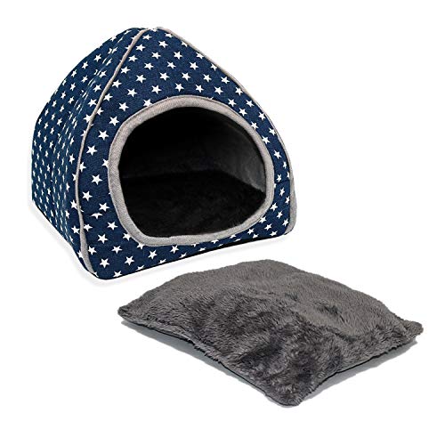 BWOGUE Guinea Pig Bed Hideout, Washable Hamster Cave for Small Animals | Removable Cushion for Cleaning, Warm Fleece Nest, Washable Bed, 10.23 x 10.23 x 11 in, Dwarf Rabbits Hedgehogs - color: Blue