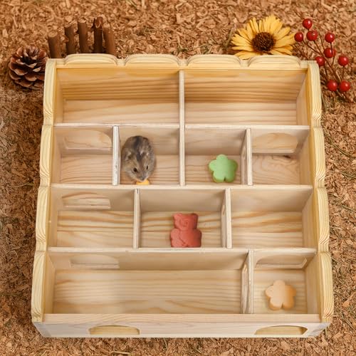 Wooden Hamster Maze with Clear Acrylic Cover, Multi-Chamber Hamsters Hide Tunnel Cage, Hideout Tunnel Toy Shed and Explore Toy for Dwarf Hamsters Mice Small Gerbil（Free-Installation）