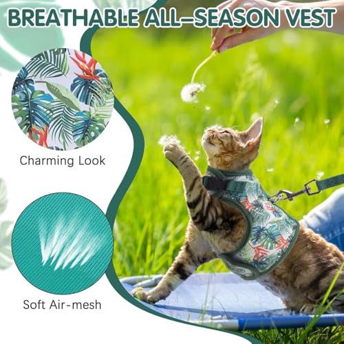BINGPET Cat Harness and Leash Set, Escape Proof and Adjustable, Medium | Step-in Vest, Lightweight Soft Breathable Mesh, Hook & Loop, Easy Control for Small & Medium Cats Walking Travel - color: Green leaves, size: Medium