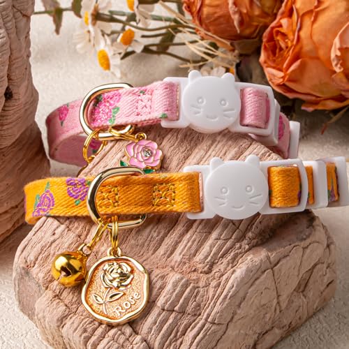 2 Pack Cotton Cat Collar Yellow and Pink Rose Cute Kitten Cat Collar | Breakaway Breathable Soft material With cute pendants with Bell - color: Yellow Rose&Pink Rose