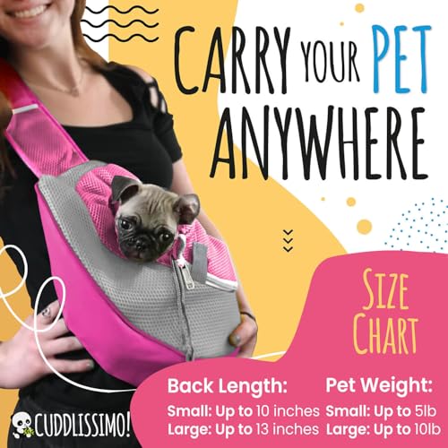 Cuddlissimo Small Dog Sling Carrier, Pet Cat Sling, Puppy Pouch - Pink-S | Teacup & toy breeds under 6 lbs, Yorkie, Chihuahua, kitten, wearable purse-style shoulder bag, hands-free chest carrying - color: 1. Hot Pink