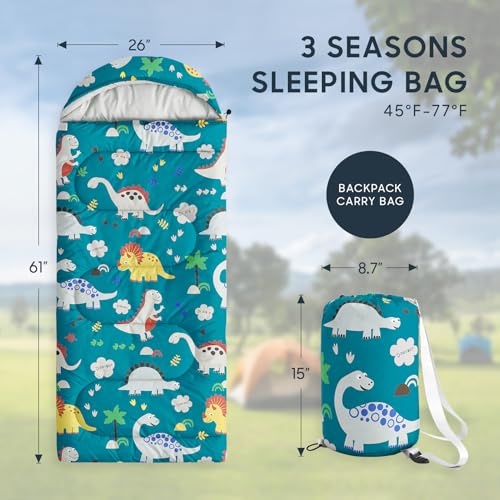 Wake In Cloud - Kids Sleeping Bag for Boys Toddlers, Camping in Warm Cold Weather, Backpacking Lightweight Compact Outdoor Liner for 3 Seasons, Cartoon Jurassic Dinosaur - color: Teal Blue
