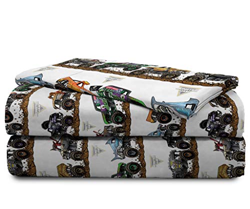 Jay franco Monster Jam Tracks 4 Piece Twin Bed Set - Includes Comforter & Sheet Set - Bedding Features Grave Digger & Megalodon - Super Soft Fade Resistant Microfiber (Official Monster Jam Product) | Grave Digger Megalodon, Comforter Sheets Pillowcase, Of