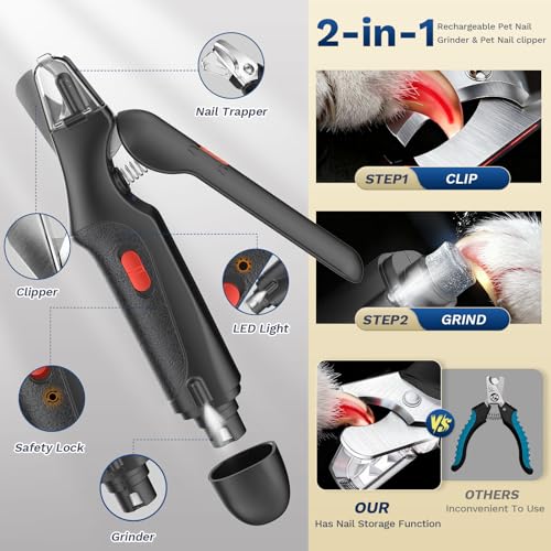 2 in 1 Dog Nail Clippers & Cat Nail Clippers Trimmers for Large Medium Small Dogs Cats Claw Trimmer Quick Sensor and Safety Guard USB Rechargeable Dogs Nail Trimmer with Catcher & 2 LED Lights - color: Black