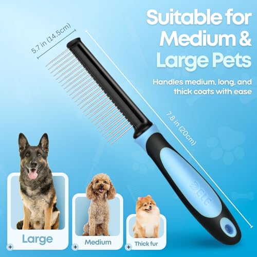 Flexzion Metal Dog Comb for Grooming and Dematting, Blue Soft-Grip Handle | Detangling Pet Comb for Dogs and Cats with Rounded Stainless Steel Teeth and a Non-Slip Grip - color: Blue