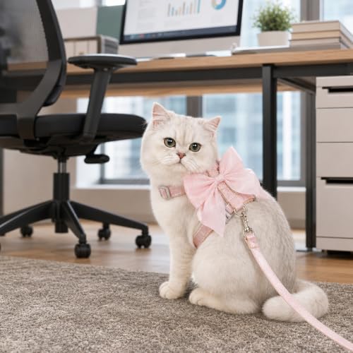 Kitten Harness and Leash Set, Escape Proof Cat Harness with Adjustable Design, Pink Bow Cat Vest Harness for Outdoor Walking, Soft Lightweight Harness for Small Cats Dogs Rabbits (Medium Size)