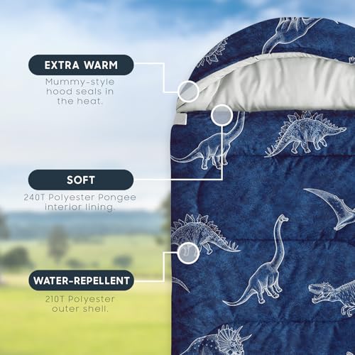 Wake In Cloud - Kids Sleeping Bag for Boys Toddlers, Camping in Warm Cold Weather, Backpacking Lightweight Compact Outdoor Liner for 3 Seasons, Dinosaur Sketch - color: Navy Blue