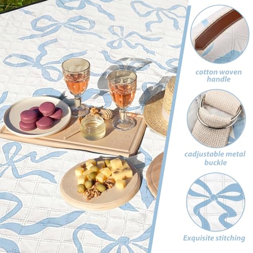 SmoothNovelty Blue Bow Picnic Blanket 80'' x 80'' Waterproof Extra Large Camping Blanket Coquette Picnic Mat Foldable Portable Preppy Outdoor Beach Mat with Carry Strap for Outdoor Grass Lawn Park - color: Blue