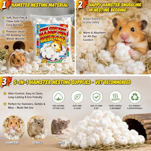 100% Cotton Bedding for Hamsters & Guinea Pigs - Small Animal Bedding, Natural Safe Pet Bedding for Cages, Rabbits, Guinea Pig, Bunny, Mouse, Rats, Birds, Chinchillas and Gerbils - 4 oz