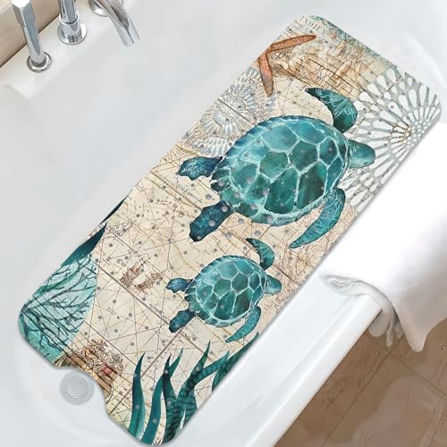 Sea Turtle Bathtub Mat Non Slip, Baby Bath Mat for Tub Rubber Tub Mat, Cute Kids Bath Mats for Bathroom Ocean Beach Anti Slip Shower Mat with Suction and Drain Holes Machine Washable, 40″X16″ - color: B02, size: 40" x 16" (Rectangular)