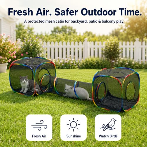 Outdoor Rainbow Cat Enclosures Playground,Outside House for Indoor Cats Include Portable Tent, 2 Way with 2 Cube Tunnel, for Kitty and Small Animals,Within Storage Bag - size: 2 Cube + 2 Way Tunnel (no tent)