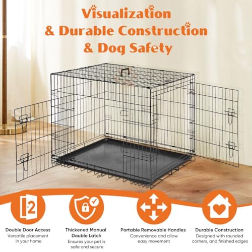 Dog Crate Kennel, 42 Inch Metal Pet Cage Double Door W/Divider Panel, Folding Travel Indoor Outdoor Dog Kennel Leak-Proof Plastic Tray Wire Animal Cage - size: 28.0"L x 28.0"W x 42.0"H