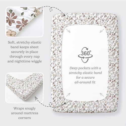 Pack and Play Sheets Fitted, Mini Crib Sheets for Graco Pack N Play Playard (38x26), Ultra Soft Organic Cotton Blend, Safe & Snug Playpen Mattress Sheet for Baby Boys & Girls – Fleurette, 2-Pack - color: Fleurette