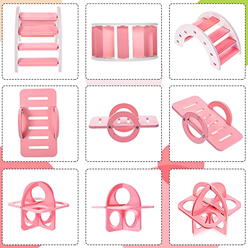 Skylety 5 Pcs Hamster Toys Include Wooden Accessories Hamster House Guinea Pig Hideout Rainbow Bridge Seesaw Swing Exercise Circle Cage Toy for Small Animals(6.3 x 3.93 x 5.5 inch,Pink) - color: Pink