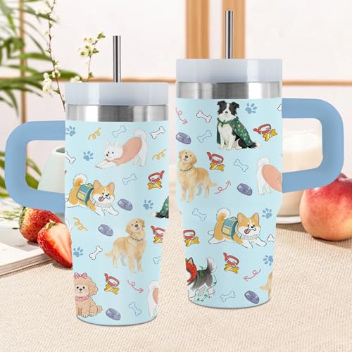 Dog 14 oz Tumbler, with Handle Straw, Stainless Steel Coffee Cup | 14oz Insulated Sports Water Bottle, Reusable Leak-proof Travel Mug, Thanksgiving Christmas Birthday Gifts for Son & Daughter - color: Dog-Blue