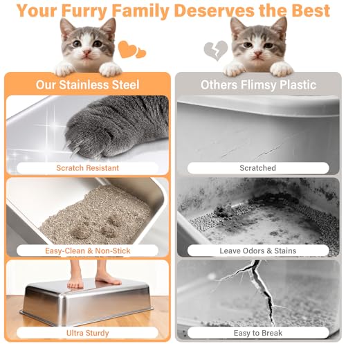 2PCS Stainless Steel Litter Box, XL Cat Litter Box for Big Cat | Large Metal Litter Boxes with Lid High Side, Non-Stick, Odor-Resistant, Anti-Urine Leakage, Includes Mat & Scoop - color: 2PCS XL-lid box