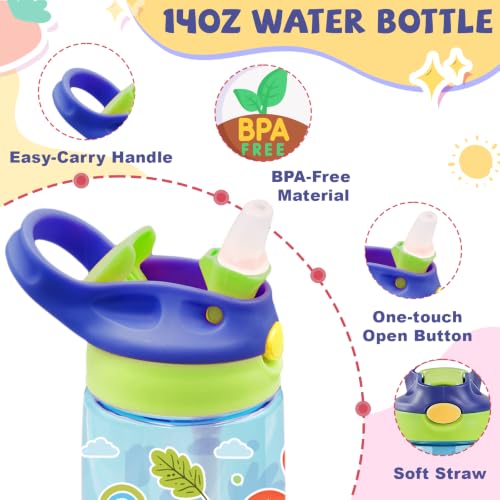 Kids Plastic Water Bottle - Jungle Animal Water Bottle for Kids, 14oz Plastic Water Bottles with Straw Lid, Leakproof BPA-Free Fun Animal Water Bottles for Home Sports Travel, Pop-Up Straw Cover, Blue - color: Jungle Animals
