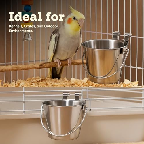 1 Quart Stainless Steel Flat Sided Bucket with Dual Hooks | 2 Pcs Durable Food & Water Bowl for Dog Cats Bird & Small Animals | Fits kennel Cage Crates Hanging Pet Pail | Multipurpose use - size: 1 Quart (Pack of 2)