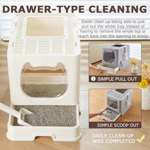 Cat Litter Box with Lid, Covered Top Entry Kitten Litter Pan for Small and Medium Cats, Anti-Splashing Kitty Potty with Slide-Out Litter Tray - color: White