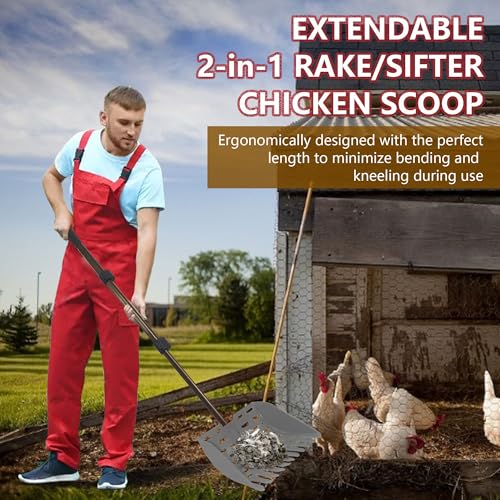 Chicken Dog Coop Poop Scooper & Rake 2-in-1 Telescopic Sifting Shovel | Litter Scoop - color: ORANGE