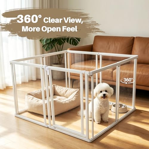 24" H Clear Dog Playpen Indoor, Acrylic Dog Cage with Door 8 Panels | Metal Frame Play Pen Easy Assemble Pet Fence, DIY Foldable Puppy Pen for Ducks Cat Rabbit Small & Medium Pets- White
