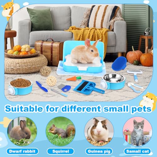 Reallnaive 15 Pcs Rabbit Starter Kit Small Rabbit Litter Box Girls Gift Animal Grooming Kit Bunny Toys Bowl Blankets with Cleaning Set for Guinea Pig Accessories(Light Blue) - color: Light Blue