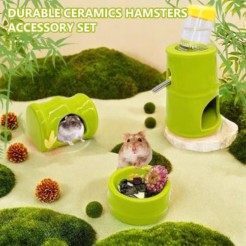 Hamiledyi Ceramic Hamster Hideout Food Bowl Water Bottle Stand Holder Dispenser Syrian House and Habitats Hide Hut Bed Cage Accessories Decor for Mice Dwarf Hamster Gerbil Rat