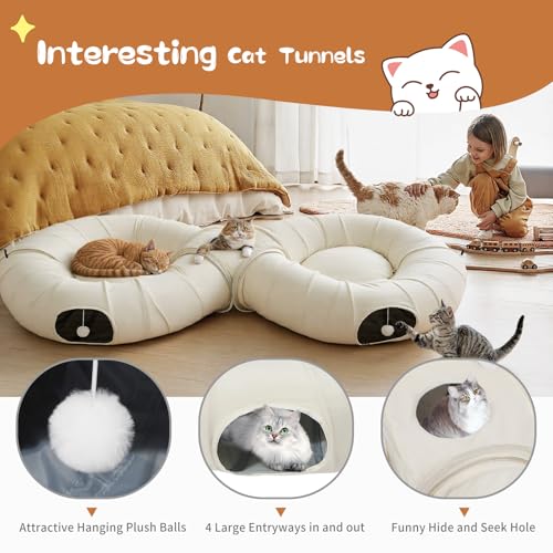 Pawaboo 2-in-1 Cat Tunnel Bed, 8-Shaped Cat Tunnels, Beige | Foldable Cats Cave Hideout Kitty Toys with Fluffy Balls, Donut Tunnel for Kitten Rabbit Ferret - color: Beige, size: 68.9 x 31.5 x 11.8in