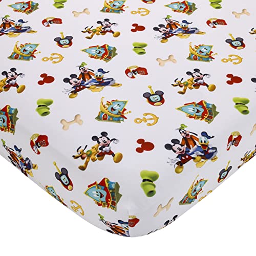 Disney Mickey Mouse Funhouse Crew Blue, Red and Yellow, Funny, Donald Duck, Goofy and Pluto 4 Piece Toddler Bed Set - Comforter, Fitted Bottom Sheet, Flat Top Sheet, and Reversible Pillowcase